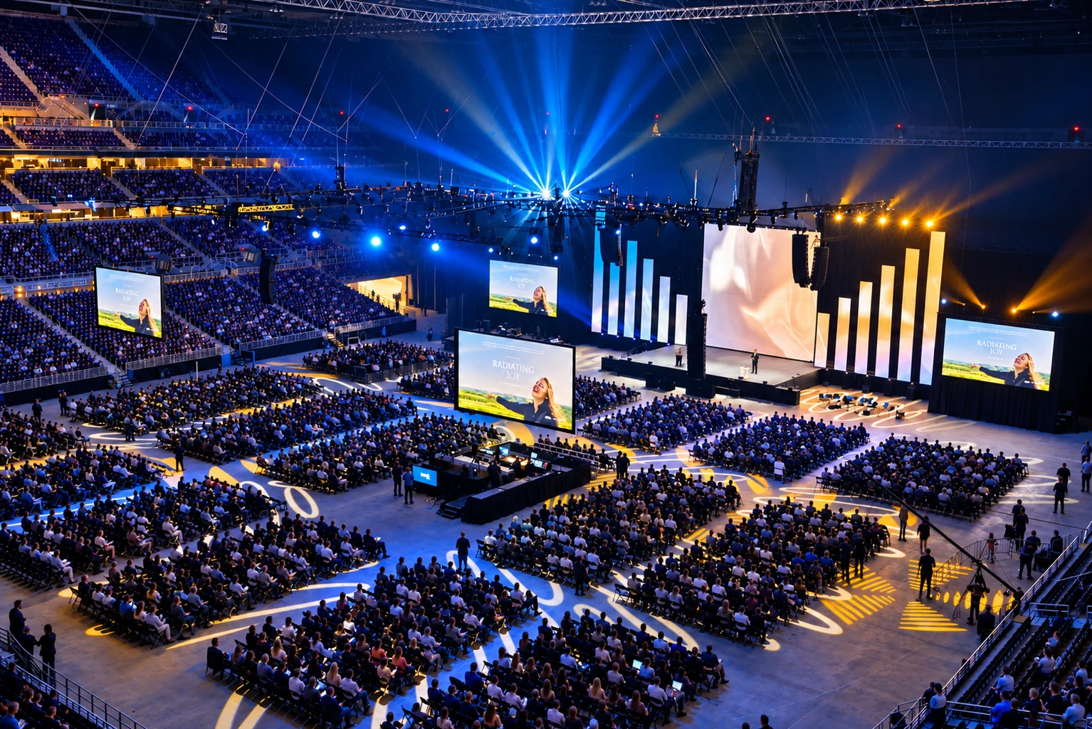 Arena event with a central stage, large screens, and blue and gold lighting